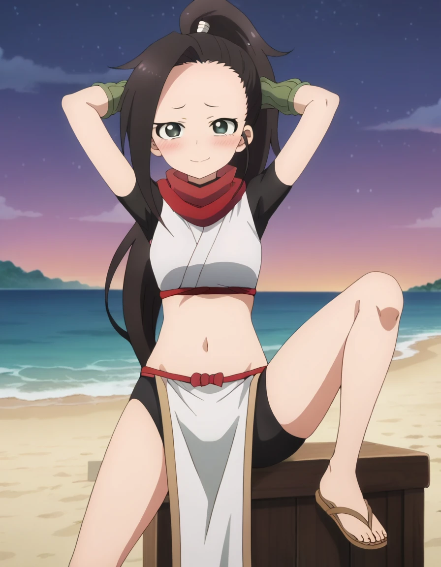  anime coloring, anime screencap, source_anime, anime,uncensored ,BREAK1girl,kunotsubaki, black eyes, black hair, long hair, asymmetrical bangs, forehead, high ponytail, ponytail,shirt, navel, red scarf, scarf short sleeves, pelvic curtain, shorts, green gloves, arm warmers, fingerless gloves, sandals, BREAK,  high quality, solo, 1girl, night sky, beach, arms behind head, contrapposto, closed mouth, spread armpits, (cowboy shot:1.5), looking at viewer, nervous, smile, best quality, blushing, spread legs,