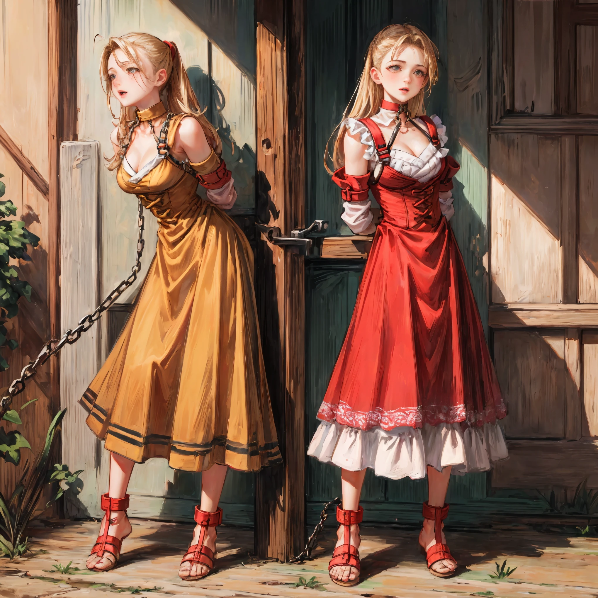 (masterpiece, best quality), intricate details, 1girl, Cammy White from Street Fighter (standing full body toe to head by wooden pole:1.2) iron collar, arms behind back, iron cuffs, shackles, bound, bondage outfit, harness, o-ring, bondage outfit blindfolded cover eyes, happy red cheeks, chain leash collar choker neck bell shackles wristbands bracers bracelets, cleave gag