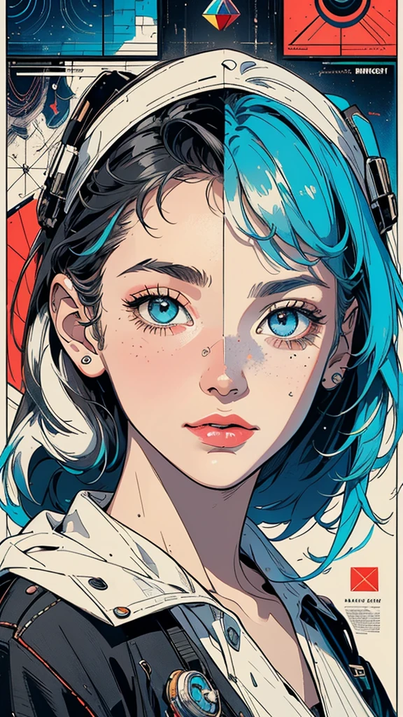 (((masterpiece, highest quality))),(((solo:1.2))),(((1girl:1.2))),32k wallpaper, very detailed, poster, vintage science fiction, 1960s,(((((geometric cinematic movie poster))))), (bauhaus), shape,(((abstract))), mid century modern, movie poster, vintage, Perfect Lady,1970's, halftone, speech bubble,(((portfolio,Close-up))),(((various angle))),(((bust up))),((highlight)),Vast landscape,((((heterochromia)))),(((complete. detailed face))),(((Extremely talented))),(((most complecated machine)))