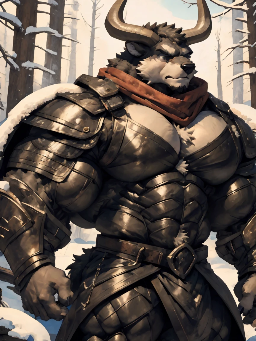 Minotaur, solo, muscular, perfect_eyes, perfect_face, abs, big_chest,wide_body, muscular_arms, winter, snow_forest_background, solo, minotaur, angry, half_body, close_up, manly, man, muscular, brown_horns, big_eyes, bara_body,hyper_muscles, hyper_chest, hyper_muscular_body, huge,forest,snowy_forest, armor_pants, half_body,closeup, medieval_armor ,iron armor,armor,canines, moth_closed, angry,serious, HD, 4k, high_detailed_background, wide, wide_body, strong_body, muscular_body, visible_abs, leather_harnes, metal_armor, abs,big_pecs, visible_pecs, huge_body, warrior, confident,mane,red_scarf, hyper_body, hyper_torso,detailed_eyes
