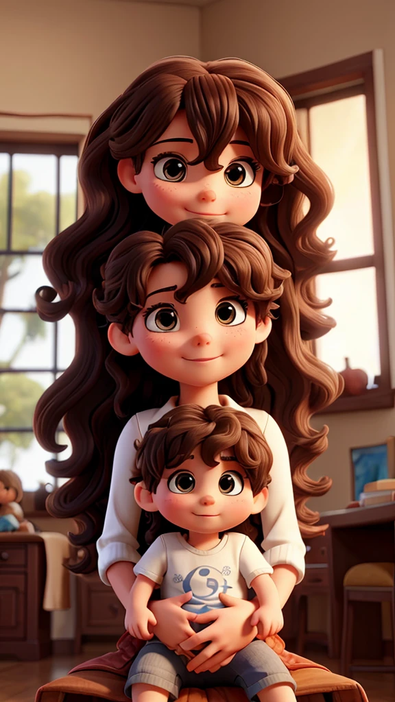 Woman with wavy hair holding baby boy on her lap 