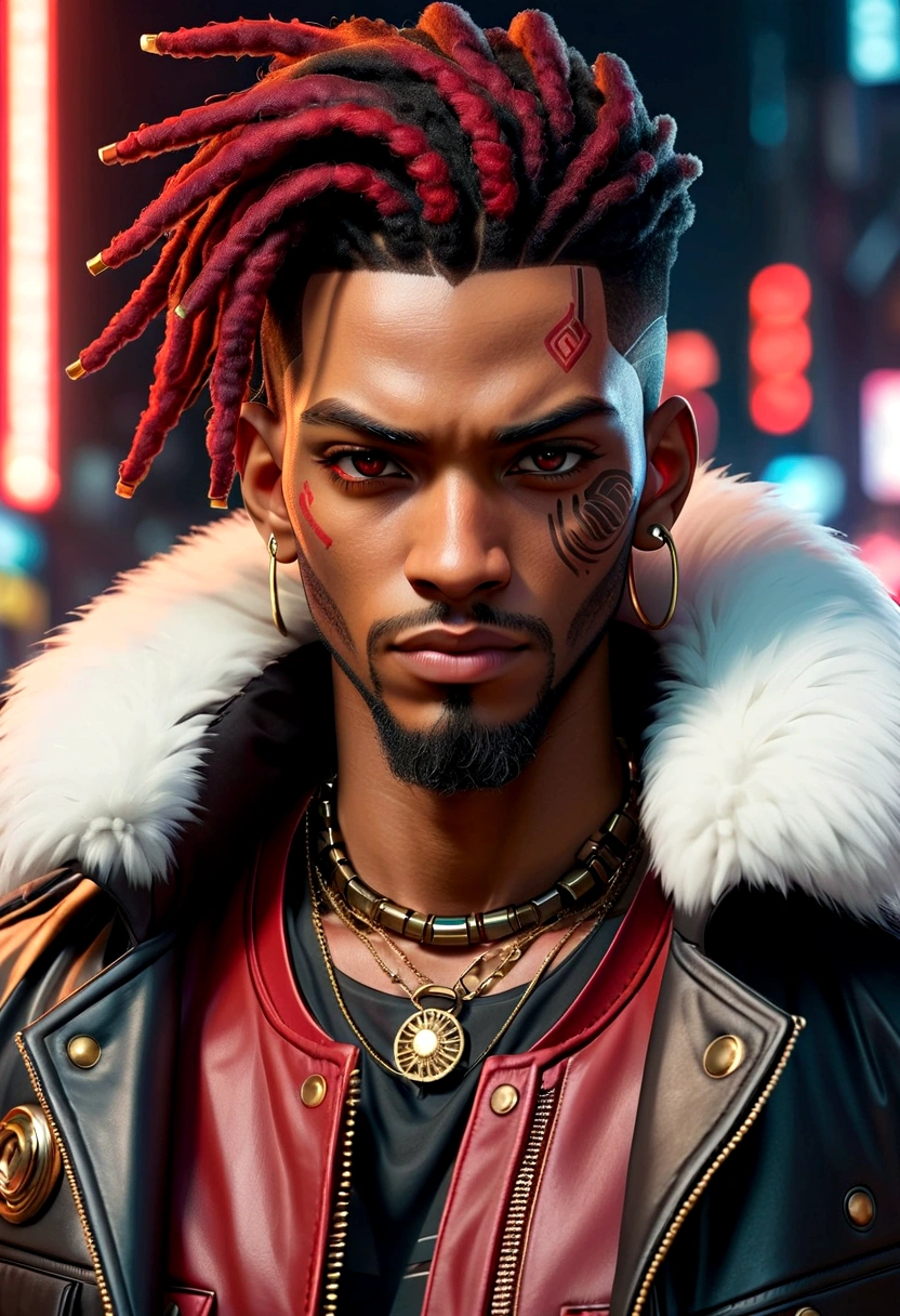 (Best quality, masterpiece, anime style, full of details), 1male, official anime art illustration, African American Male with dark brown eyes, a cartoon of a man with a mask on his face, ((red)) baggy eyes  black and red dreadlocks, he wearing a red shirt and leather cyberpunk jacket with fur collar, semi-realistic cyberpunk style, portrait of a cyberpunk man, cyberpunk art ultrarealistic 8k, cyberpunk style ， hyperrealistic, cyberpunk character, trendin on artstation, cinematic full character, trending on artstation 4k, portrait of a cyberpunk cyborg, cinematic realistic portrait, cyberpunk hero perfectly photorealistic, incredibly detailed, 8k, UHD, masterpiece, best quality, ultra detailed, intricate,