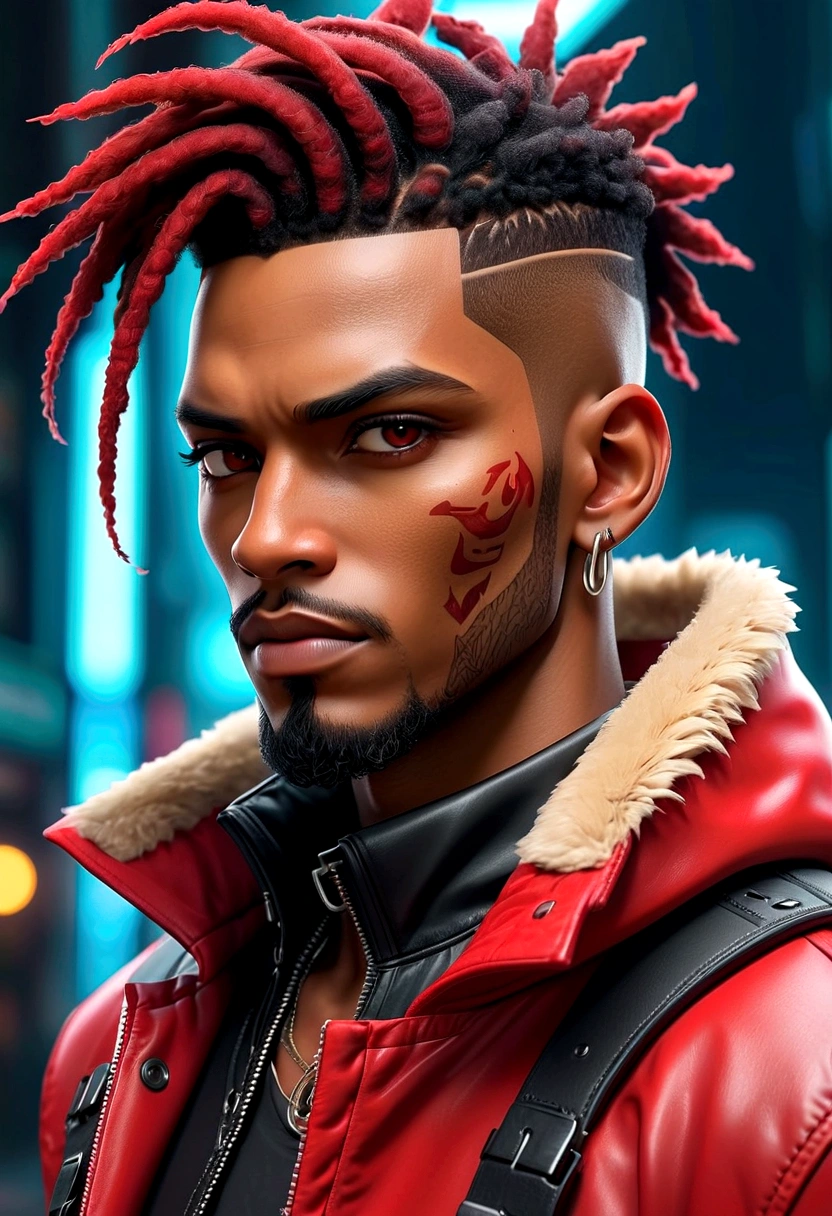 (Best quality, masterpiece, anime style, full of details), 1male, official anime art illustration, African American Male with dark brown eyes, a cartoon of a man with a mask on his face, ((red)) baggy eyes black and red dreadlocks, he wearing a red shirt and leather cyberpunk jacket with fur collar, semi-realistic cyberpunk style, portrait of a cyberpunk man, cyberpunk art ultrarealistic 8k, cyberpunk style , hyperrealistic, cyberpunk character, trendin on artstation, cinematic full character, trending on artstation 4k, portrait of a cyberpunk cyborg, cinematic realistic portrait, cyberpunk hero perfectly photorealistic, incredibly detailed, 8k, UHD, masterpiece, best quality, ultra detailed, intricate,