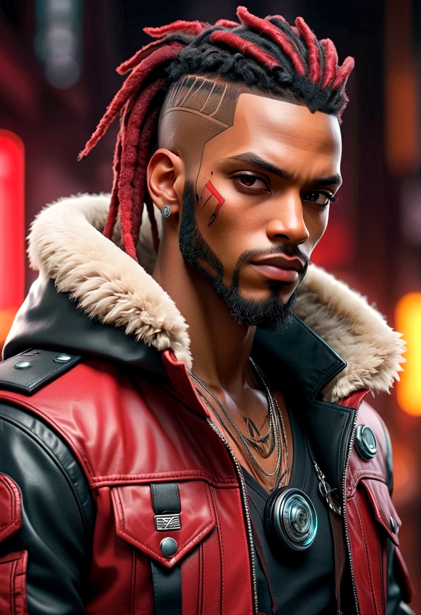 (Best quality, masterpiece, anime style, full of details), 1male, official anime art illustration, African American Male with dark brown eyes, a cartoon of a man with a mask on his face, ((red)) baggy eyes  black and red dreadlocks, he wearing a red shirt and leather cyberpunk jacket with fur collar, semi-realistic cyberpunk style, portrait of a cyberpunk man, cyberpunk art ultrarealistic 8k, cyberpunk style ， hyperrealistic, cyberpunk character, trendin on artstation, cinematic full character, trending on artstation 4k, portrait of a cyberpunk cyborg, cinematic realistic portrait, cyberpunk hero perfectly photorealistic, incredibly detailed, 8k, UHD, masterpiece, best quality, ultra detailed, intricate,