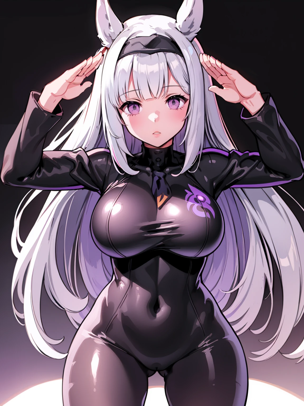 1 girl,NSFW,White-eye Aldan, (Uma Musume),horse ears, clavicle, absurd, brainwashing,Combatant, empty eyes,((purple glowing eyes 1.5))( huge breasts ), No expression, emotions removed,((black shadaloo suit)),avert your eyes , whole body shape, ((stand up, salute)),(highest quality、4k、8K、High resolution、must have:1.2)、Super detailed、(reality、that's Realistic、Realistic:1.37)、ticker、hyper hd、studio lighting、ultra definition paint、sharp focus、Physically based rendering、extreme details、Professional specifications、vibrancy and color、blurry、sports portrait、landscape、horror style、anime big breasts、SF、photograph、concept artist、five fingers, perfect body, {{{masterpiece}}}, {{{highest quality}}}, {{Super detailed}}, {shape}, {{very delicate and beautiful}},Improved cost performance、all roles、Canon 5D MK4でphotograph、photograph,