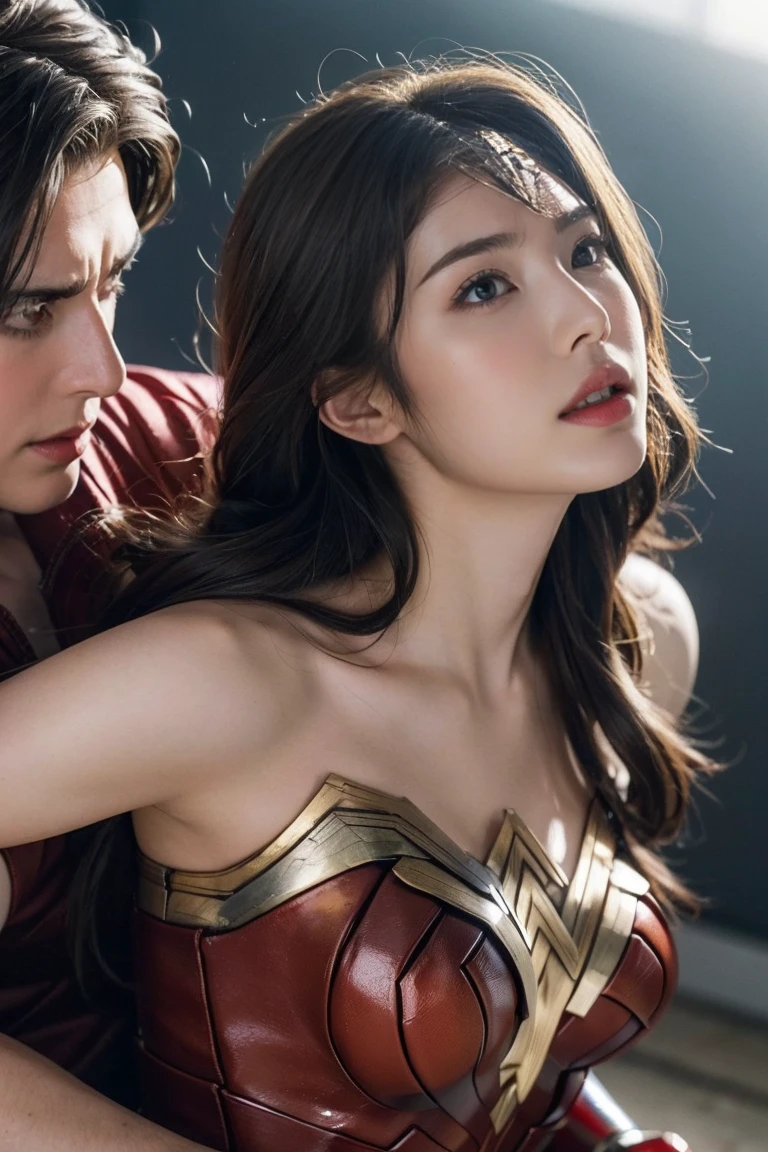 私はWonder Womanです、完璧なWonder Womanの衣装,押しdefeat,defeat,A man straddles me,Grabbed by the face、Hug from the front,I was hugged,be strangled to death,You can have it.,Men lick my face with their tongues,The guys lick my head with their tongues,Men lick my hair with their tongues,My body is licked by men,sleeping face,close ~ eye,Open your mouth,Tired face,Face of Suffering,Being slapped in the face,Getting punched in the face,Fighting with men,Fight with the men,Surrounded by men,,Caught between men,Being held back by men,Entanglement with males, Being attacked by a man,Brown Hair,  masterpiece、beautiful girl、fine eye、puffy eye、highest quality, 超High resolution, (reality: 1.4), Cinema Lighting,so beautiful、Beautiful Skin、(超reality的な)、(High resolution)、(8k)、(Very detailed)、(美しくて立派なeye)、(Very detailed)、 Detailed face、Diagonal bangle hair、Brown Hair、20-year-old、Wonder Womanのコスプレ，Wonder Woman