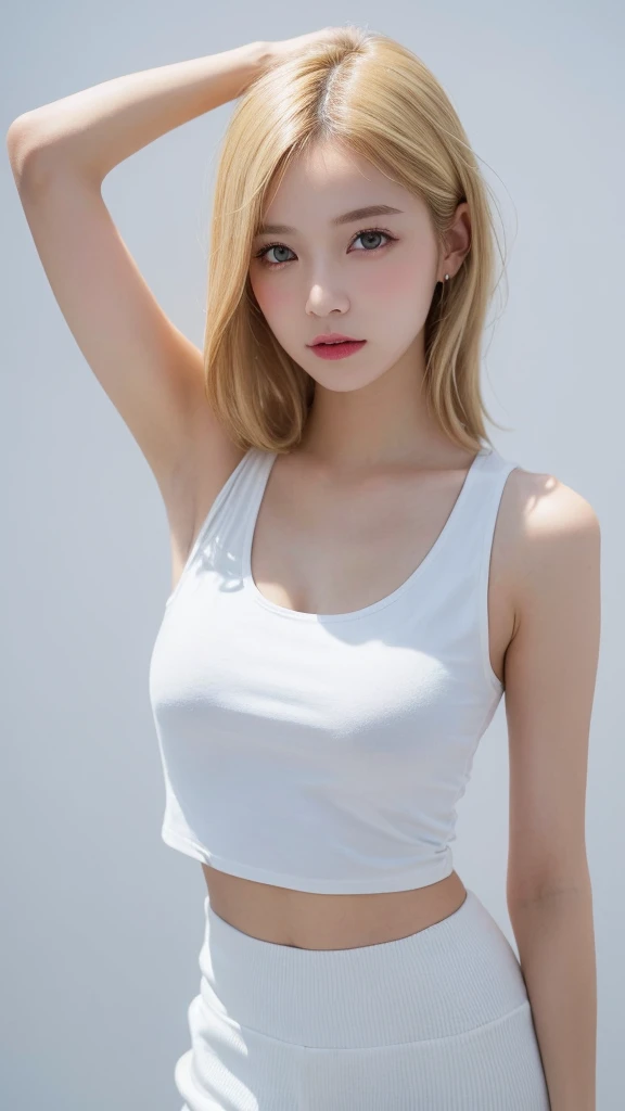 (((forehead、Blonde、Northern Europe、White、beautiful girl、Blonde、White background、sexy、Tank top、Dance pants、dancer)))、table top, highest quality, figure, super detailed, finely, High resolution, 8k wallpaper, Perfect dynamic composition, detailed and beautiful eyes, Deco out,blonde, medium hair, super big breasts, natural color lip,white background, random cute poses,frill dress