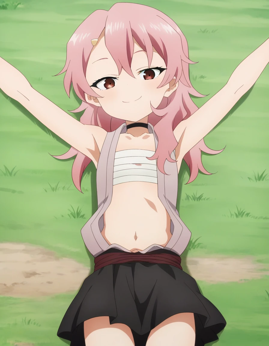 benisumomo, anime coloring ,BREAK source_anime, anime, long hair, hair ornament, red eyes, navel, pink hair, japanese clothes, choker, hairclip, flat chest, black choker, sarashi, chest sarashi, black skirt, high quality, solo, lying, on back, arms up, spread arms, closed mouth, on grass, (cowboy shot:1.5), looking at viewer, smile, best quality
