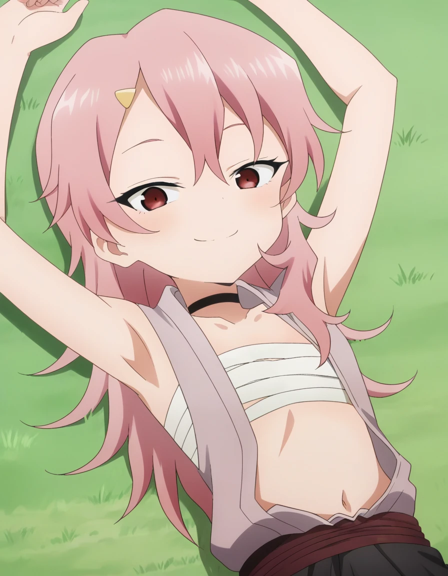 benisumomo, anime coloring ,BREAK source_anime, anime, long hair, hair ornament, red eyes, navel, pink hair, japanese clothes, choker, hairclip, flat chest, black choker, sarashi, chest sarashi, black skirt, high quality, solo, lying, on back, arms up, spread arms, closed mouth, on grass, (cowboy shot:1.5), looking at viewer, smile, best quality