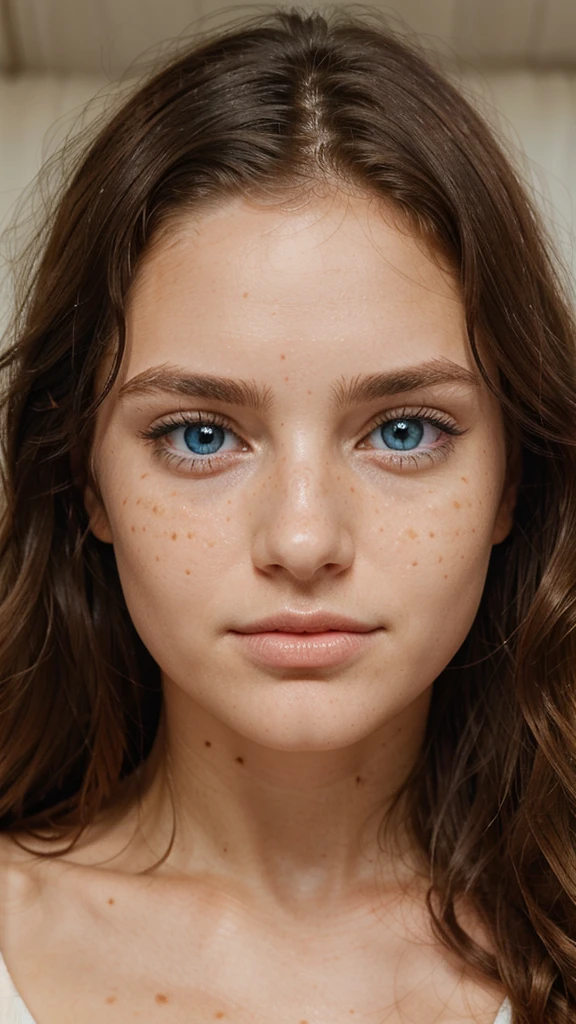 The most beautiful woman, close up of face, perfect skin, symmetrical face, bright blue eyes, wavy hair, perfect face, perfect skin, mild freckels