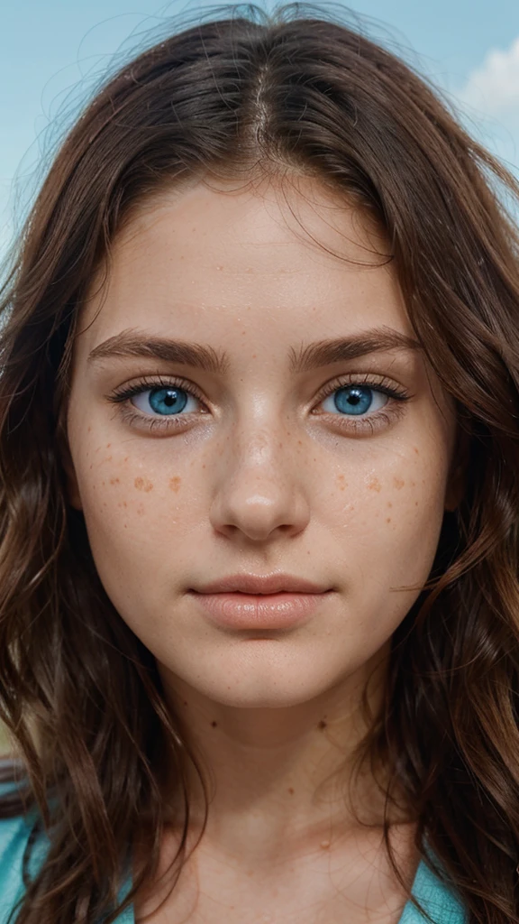The most beautiful woman, close up of face, perfect skin, symmetrical face, bright blue eyes, wavy hair, perfect face, perfect skin, mild freckels 
