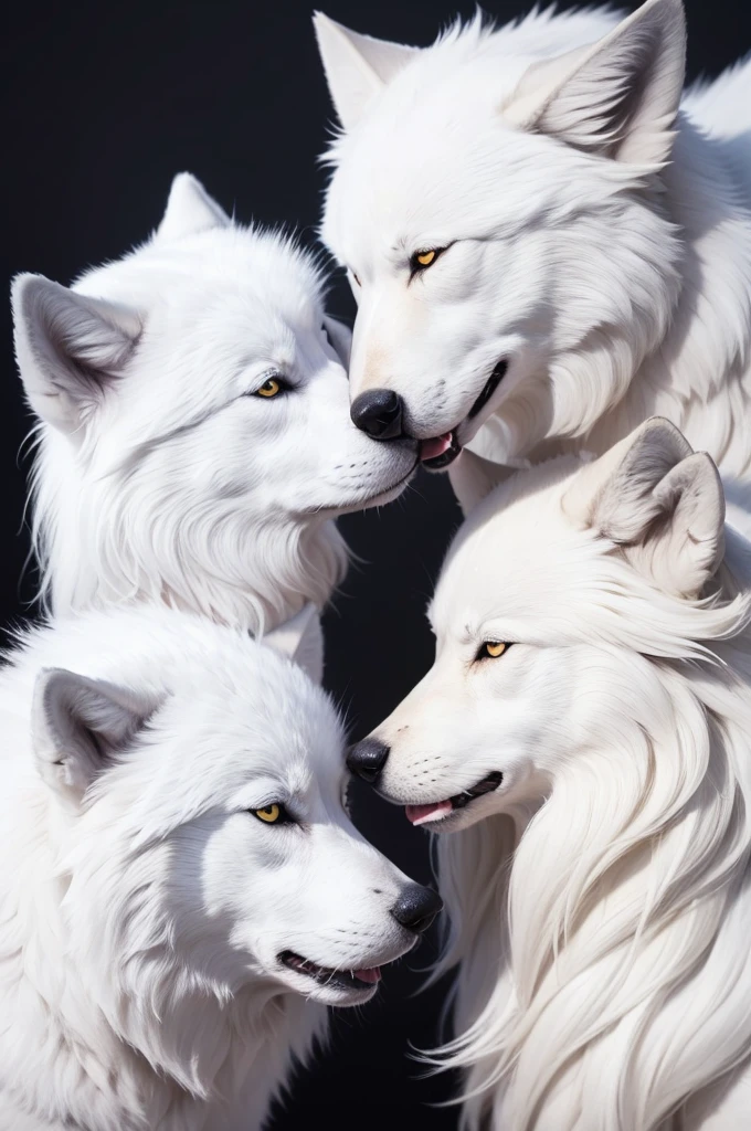 Make two white wolves kiss like it's a game cover