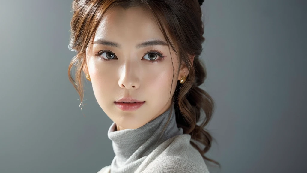 4k ,super high resolution ,(photo-realistic: 1.7),(detailed face),pretty,breasts,turtle neck white kimono sleeve,gray background,long hair,