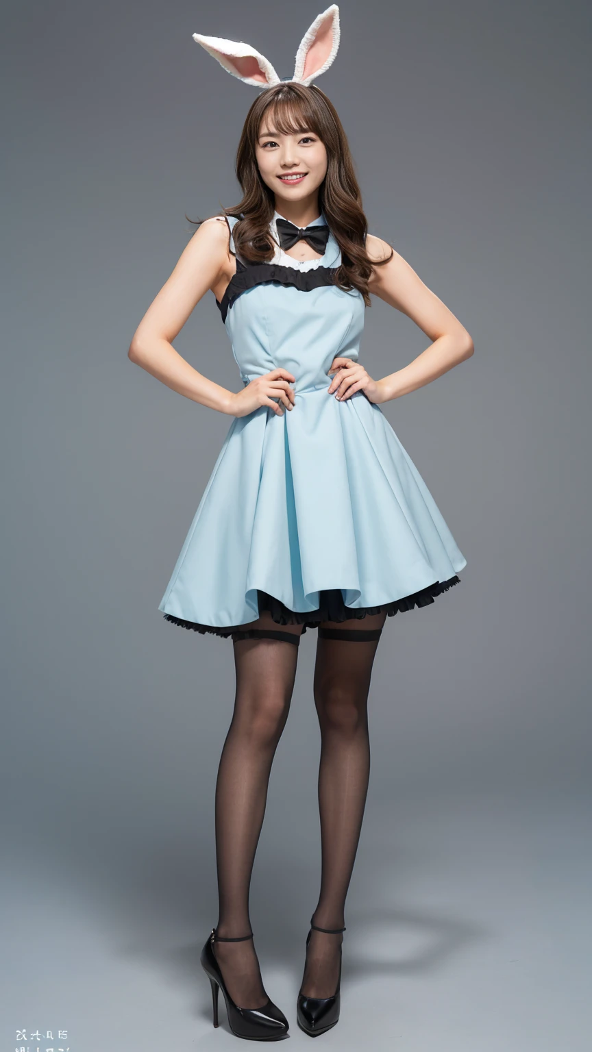 Very young girl in retro pin-up style, dressed in a chaste bright dress with a fluffy skirt, Stockings with lace garters, and red high heels. She has a 1950s-style hairstyle with big curls and a bandana.. Makeup with an emphasis on arrows and bright red lips. She flirtatiously displays herself, lifting the skirt, to show naked pussy, while maintaining the image of innocence. The background is made in the style of a vintage poster with warm and rich colors., Pussy visible, unshaved