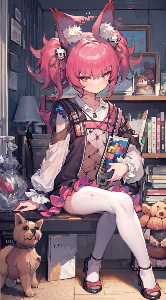 aatsuna, long hair, multicolored hair, large breasts, black collar, cleavage, striped bikini, black shirt, torn clothes, long sleeves, midriff, black belt, black shorts, short shorts