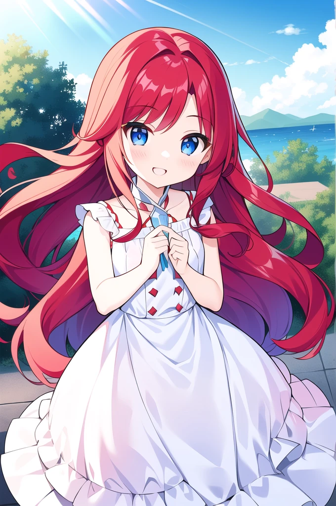 long red hair, girl, white dress, blue eyes, happy face