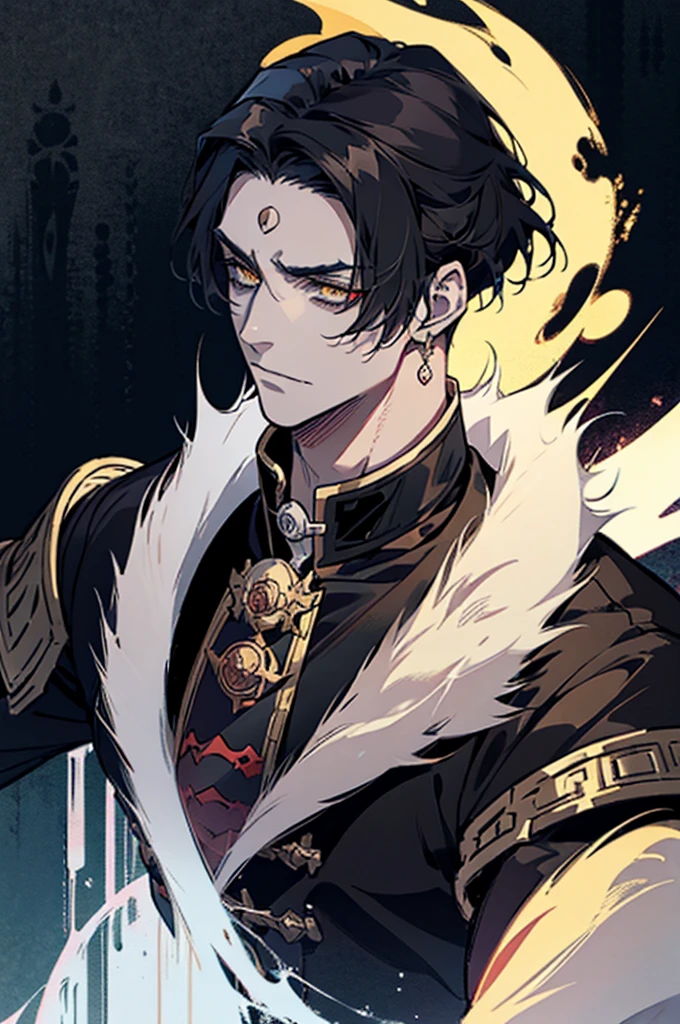 anime, male, black goat horns, golden glowing eyes, bangs, handsome guy in demon slayer art, handsome japanese demon, detailed anime character art, detailed digital anime art, with black hair, anime handsome man, male anime character, inspired by Gege Akutami, mid 20s, masterpiece, light pencil strokes
