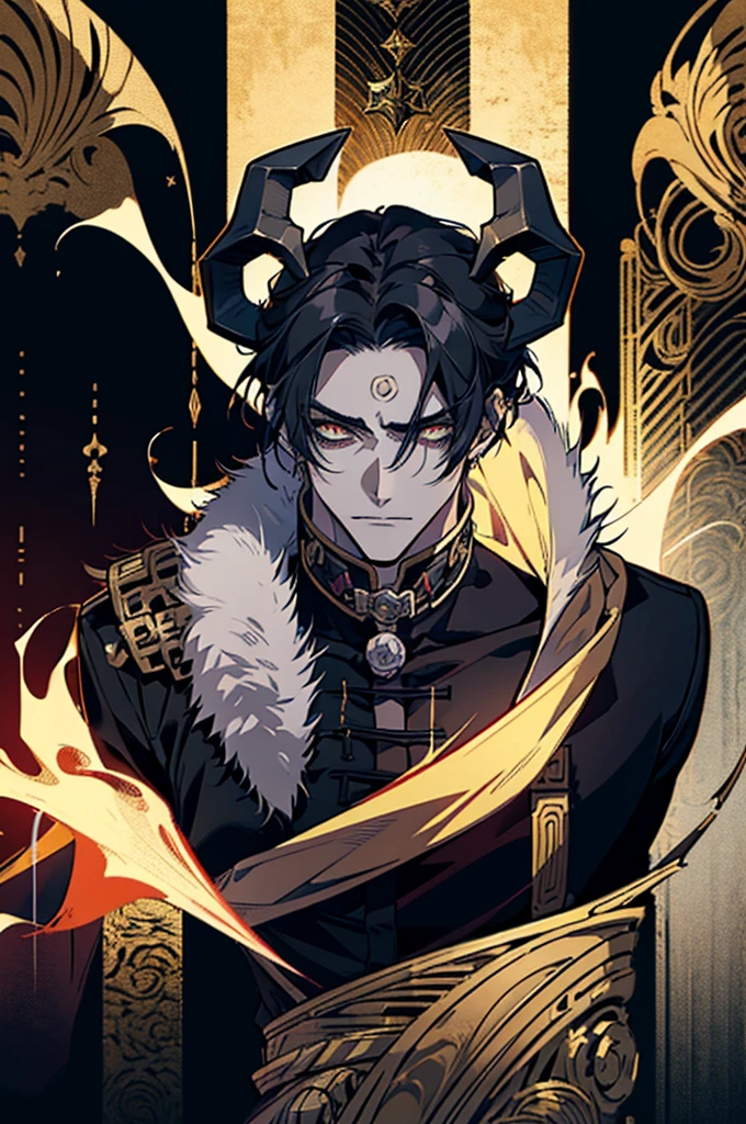 anime, male, black goat horns, golden glowing eyes, bangs, handsome guy in demon slayer art, handsome japanese demon, detailed anime character art, detailed digital anime art, with black hair, anime handsome man, male anime character, inspired by Gege Akutami, mid 20s, masterpiece, light pencil strokes