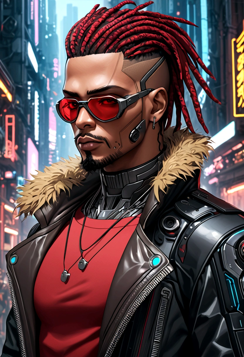 (Best quality, masterpiece, anime style, full of details), 1male, official anime art illustration, African American Male with dark brown eyes, a cartoon of a man with a mask on his face, ((red)) baggy eyes  black and red dreadlocks, he wearing a red shirt and leather cyberpunk jacket with fur collar, semi-realistic cyberpunk style, portrait of a cyberpunk man, cyberpunk art ultrarealistic 8k, cyberpunk style ， hyperrealistic, cyberpunk character, trendin on artstation, cinematic full character, trending on artstation 4k, portrait of a cyberpunk cyborg, cinematic realistic portrait, cyberpunk hero perfectly photorealistic, incredibly detailed, 8k, UHD, masterpiece, best quality, ultra detailed, intricate,