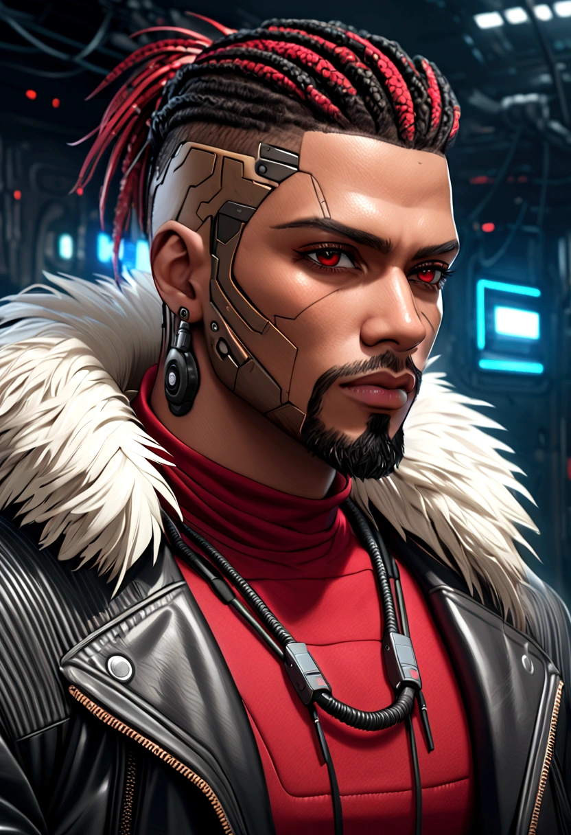 (Best quality, masterpiece, anime style, full of details), 1male, official anime art illustration, African American Male with dark brown eyes, a cartoon of a man with a mask on his face, ((red)) baggy eyes  black and red dreadlocks, he wearing a red shirt and leather cyberpunk jacket with fur collar, semi-realistic cyberpunk style, portrait of a cyberpunk man, cyberpunk art ultrarealistic 8k, cyberpunk style ， hyperrealistic, cyberpunk character, trendin on artstation, cinematic full character, trending on artstation 4k, portrait of a cyberpunk cyborg, cinematic realistic portrait, cyberpunk hero perfectly photorealistic, incredibly detailed, 8k, UHD, masterpiece, best quality, ultra detailed, intricate,