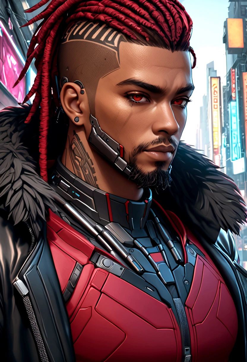 (Best quality, masterpiece, anime style, full of details), 1male, official anime art illustration, African American Male with dark brown eyes, a cartoon of a man with a mask on his face, ((red)) baggy eyes  black and red dreadlocks, he wearing a red shirt and leather cyberpunk jacket with fur collar, semi-realistic cyberpunk style, portrait of a cyberpunk man, cyberpunk art ultrarealistic 8k, cyberpunk style ， hyperrealistic, cyberpunk character, trendin on artstation, cinematic full character, trending on artstation 4k, portrait of a cyberpunk cyborg, cinematic realistic portrait, cyberpunk hero perfectly photorealistic, incredibly detailed, 8k, UHD, masterpiece, best quality, ultra detailed, intricate,