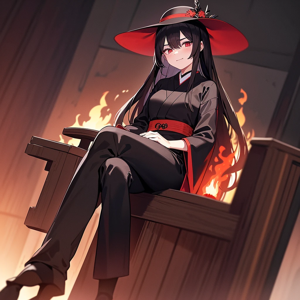 Medium size anime girl with long black hair and red eyes wearing a black long sleeve ancient Japanese shirt and long black pants, she is wearing black gloves, she is holding a black straw hat in her right hand, she is sitting down with her legs crossed and leaning forward on a throne smiling menacingly in a dark room with fire in the background