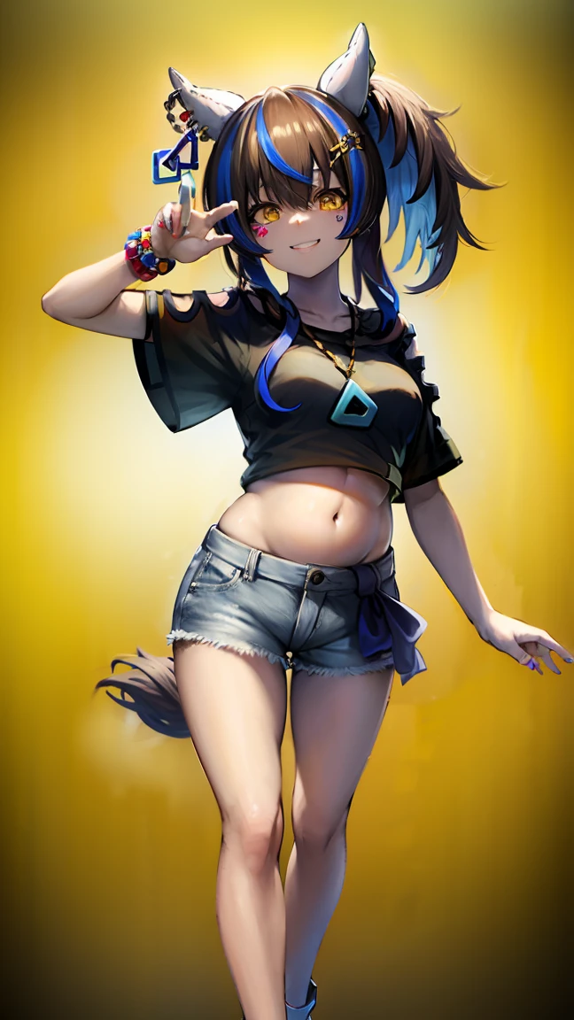masterpiece, highest quality, High resolution, Very detailed,(((Daitaku Helios))), (((Show your belly。))), (((smile))), Bare legs, Tuck up your clothes。