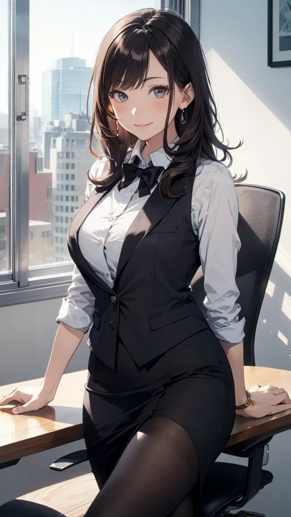 1lady sitting (crossed legs), office worker (stylish outfit), (gray vest) (pencil skirt), mature female, /(dark brown hair/) bangs, blush kind smile, (masterpiece best quality:1.2) delicate illustration ultra-detailed, large breasts, pantyhose BREAK (modern office indoors), window cityscape, detailed background