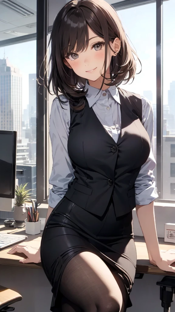 1lady sitting (crossed legs), office worker (stylish outfit), (gray vest) (pencil skirt), mature female, /(dark brown hair/) bangs, blush kind smile, (masterpiece best quality:1.2) delicate illustration ultra-detailed, large breasts, pantyhose BREAK (modern office indoors), window cityscape, detailed background