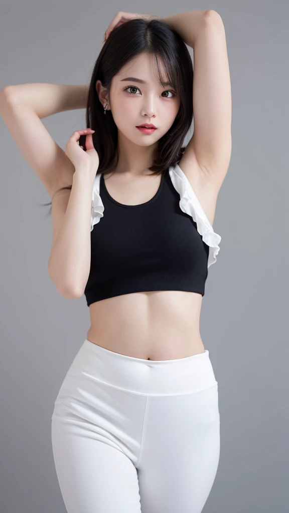 (((forehead、Northern Europe、White、beautiful girl、Black Hair、White background、sexy、Tank top、Dance pants、dancer、Belly button)))、table top, highest quality, figure, super detailed, finely, High resolution, 8k wallpaper, Perfect dynamic composition, detailed and beautiful eyes, Deco out,blonde, medium hair, super big breasts, natural color lip,white background, random cute poses,frill dress