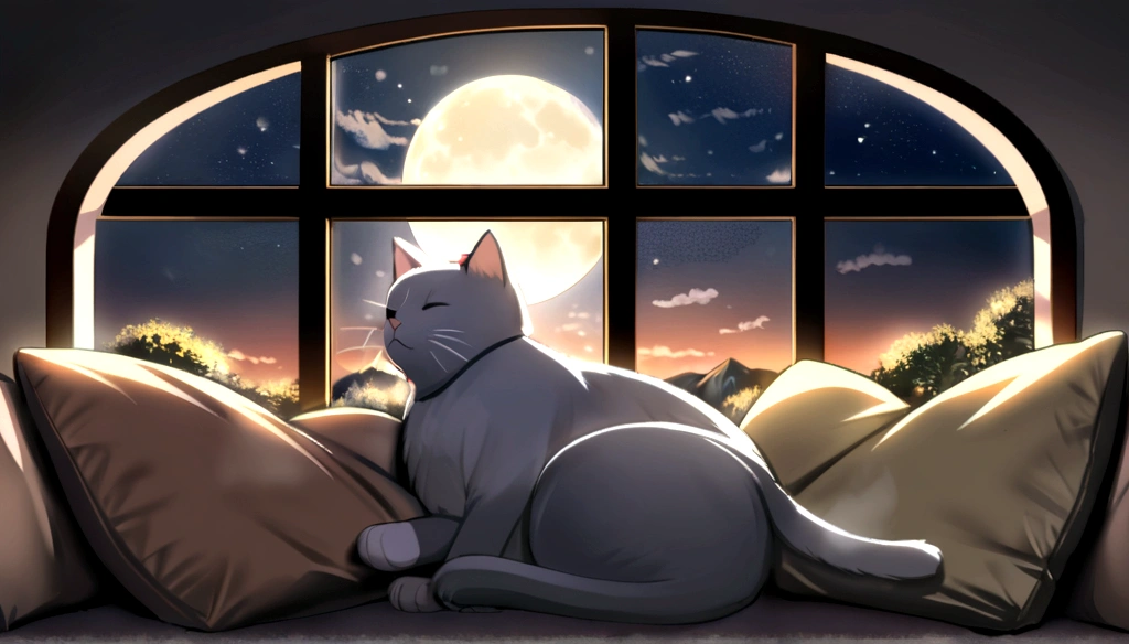 (((Cat sleeping on a pillow))), steaming tea, ,Beautiful landscape window, Night Sky, moon.British Shorthair