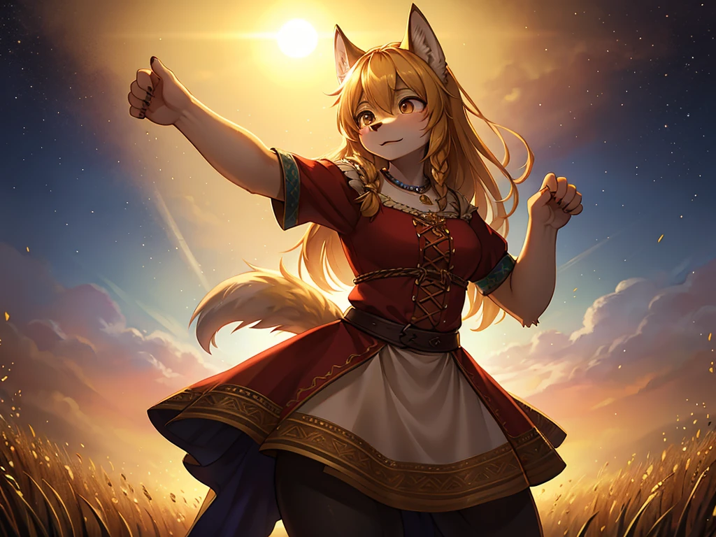 Hallucination, daydream , nightmare , bokeh , messy Wolves dancing in a sea of golden wheat , sun set , dancing blur , Clothing of peasant women in medieval Europe , Sexual freak festival , Feeling open-minded and bold
