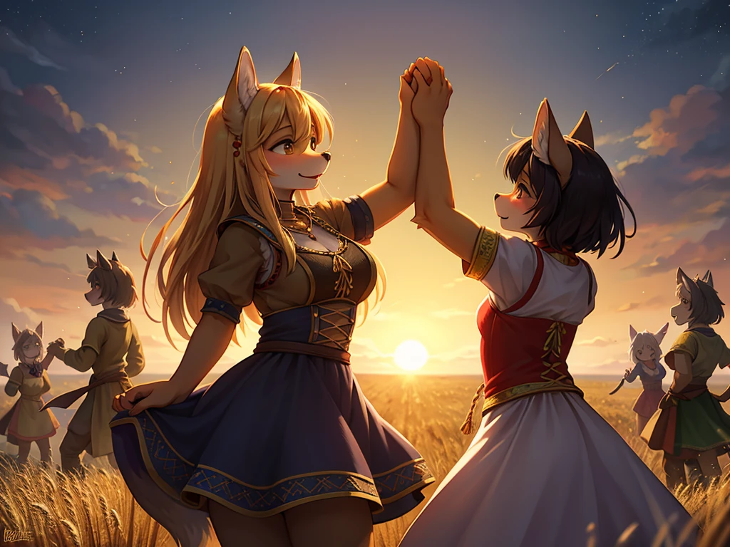 Hallucination, daydream , nightmare , bokeh , messy Wolves dancing in a sea of golden wheat , sun set , dancing blur , Clothing of peasant women in medieval Europe , Sexual freak festival , Feeling open-minded and bold