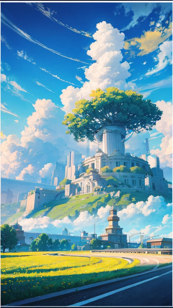 (best quality:1.4),(Best results:1.4),(Ultra-clear picture quality:1.4),(Ultra-sharp details:1.2),Summer solstice poster,summer,highway,noon,Sunlight,hillside,Flowers,Skyline,Blue sky,Distant Mountains