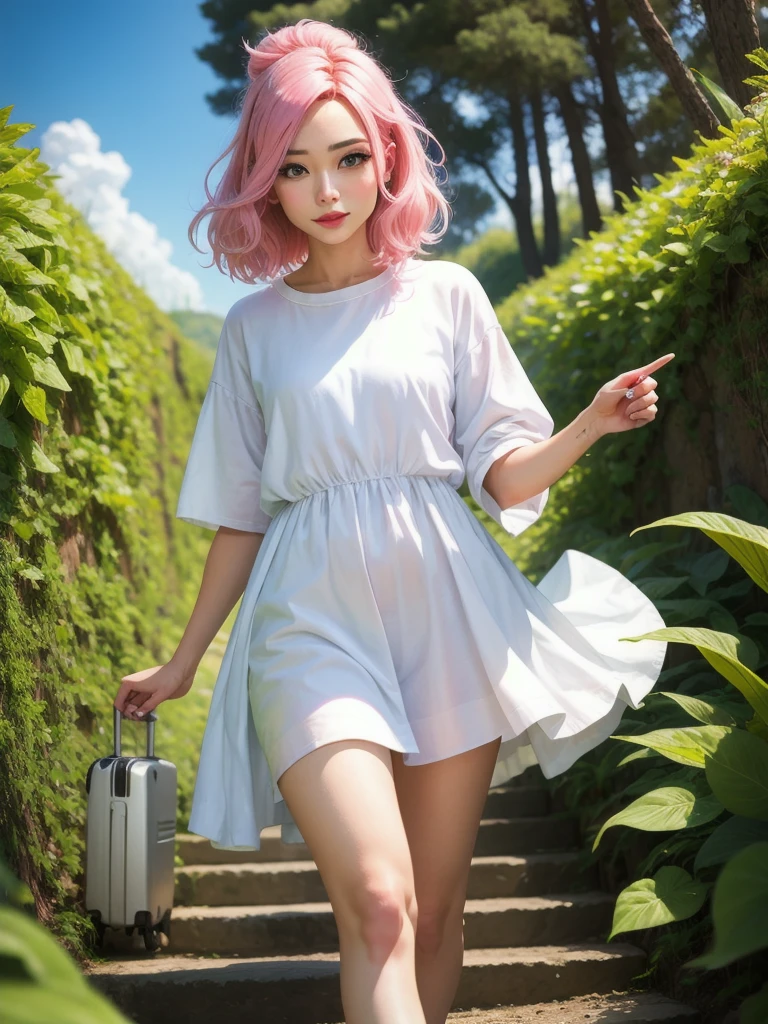 make a woman, with pink hair and white clothes like a breeze from nature