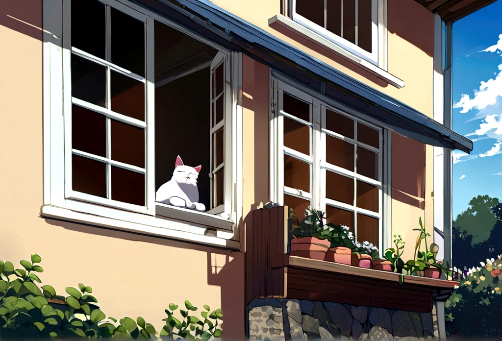 Raising a lazy cat sleeping on a windowsill near the garden on a sunny day