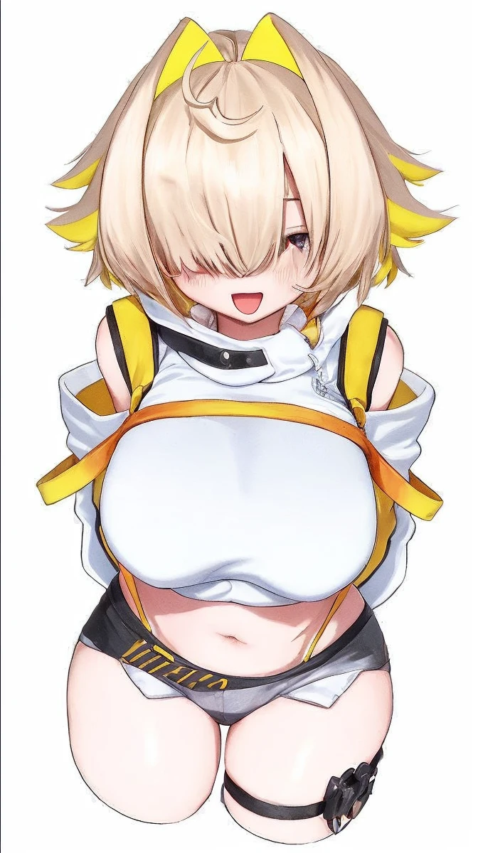 The image is an illustration of a female character in an anime or manga style. El personaje tiene el pelo corto de color rubio claro con dos orejas parecidas a las de un gato en la parte superior de su cabeza, que parecen ser parte de una diadema o accesorio. His eyes are partially closed, con un ojo visible que tiene un iris morado, and has a playful expression with his tongue sticking out.
Lleva un traje que es predominantemente blanco con acentos en negro, amarillo y naranja. El traje tiene un aspecto futurista o de armadura, con un cuello alto y hombreras. Destacadamente, his chest area is exaggeratedly large and emphasized in the drawing, a common stylistic choice in certain anime or manga genres. There are also black straps that appear to be part of gloves or wrist accessories on her arms..
The character is drawn with a focus on the upper part of his body, and the perspective is from a slightly low angle, mirando hacia arriba. El fondo de la imagen es blanco liso, poniendo todo el enfoque en el personaje. El estilo es colorido y detallado, con sombreado que le da al personaje una apariencia tridimensional.