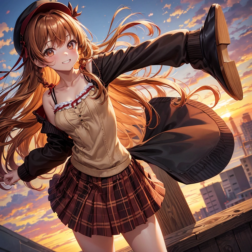 Red, brown, golden hair、Golden Eyes、Braid、One good looking girl、solo、anime、Checkered mini skirt、Ruffles on the skirt、camisole、camisole、Lightweight cardigan、Black knee-high socks、Wearing a baseball cap、Wearing a ribbon、Ribbon on waist、Tilting face、Teeth are visible、Sunset sky、There's a hole in the clouds、Contrail、Cumulonimbus、Silver coin necklace、shine、From above、bell、clock tower、Sparks are flying、High five