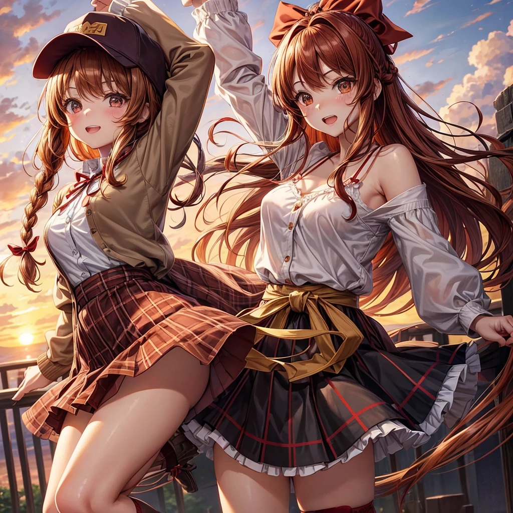 Red, brown, golden hair、Golden Eyes、Braid、One good looking girl、solo、anime、Checkered mini skirt、Ruffles on the skirt、camisole、camisole、Lightweight cardigan、Black knee-high socks、Wearing a baseball cap、Wearing a ribbon、Ribbon on waist、Tilting face、Teeth are visible、Sunset sky、There&#39;s a hole in the clouds、Contrail、Cumulonimbus、Silver coin necklace、shine、From above、bell、clock tower、Sparks are flying、High five
