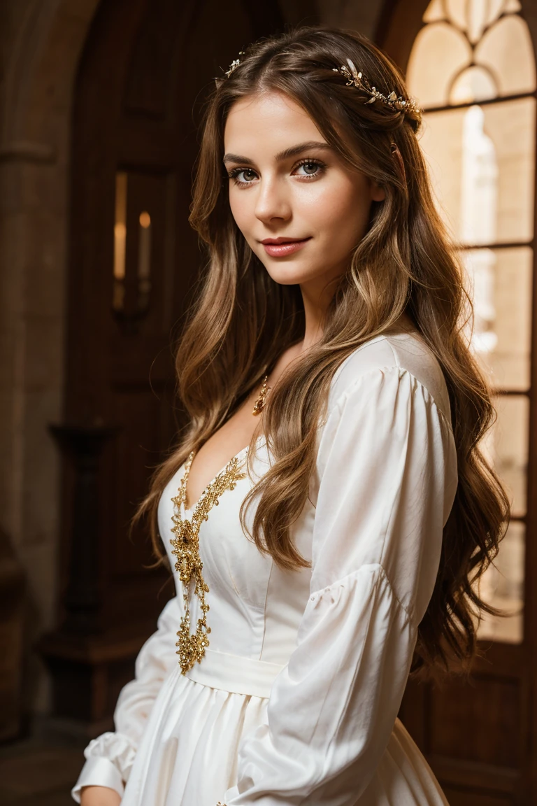 A photorealistic portrait of a 29-year-old European girl with long sultry light dark blonde wavy hair and piercing red eyes, and full but natural lips. Oval shaped face but nice defined cheek bones. Wearing adorned white medieval dress. She should have a natural, approachable expression such as a smile and be illuminated by soft,moonlight. The background should be a scenic indoors setting, inside a castle. Capture this image with a high-resolution photograph using an 85mm lens for a flattering perspective." full body shot. vampiric