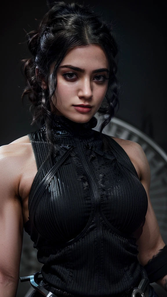 An award-winning photo,A beautiful, hot, goth, muscle mommy, woman,Beautiful eyes and, Messy bun, disheveled black hair, dominating character, High contrast, Beautiful eyes, absurderes, 8K, (High quality:1.3), artstation hd, concept-art, Detailed face and body, Award-winning photography,