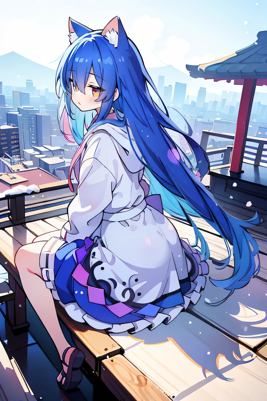 （masterpiece：1.2），Super detailed，lifelike，Expressive eyes，fair skin，perfect face shape，1 girl，
Japanese comics,Gorgeous blue hair,flowing blue hair,flowing clothes,Cat ears,Petals fall,beautiful lola,Baby Angel,
Cross your legs，Gentle and peaceful background，The pavilion is cool and comfortable,smile, wearing hoodie, background of tokyo,back views,snowing, winter.