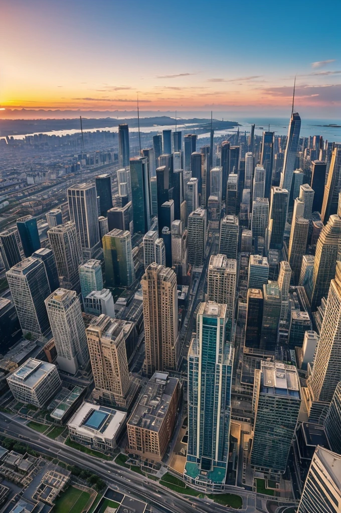 A sunrise, cityscape, or nature view. Uplifting music begins.
