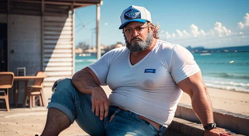 ((Sitting on the floor resting, (Conversando ao celular), Deitado na grama)), He is running on the beach, plump, chubby, extremely thick thighs, large belly, wearing only green swim trunks. He doesn't wear a shirt.muito barbudo. 56 anos.apana 1 umbigo. Barriga detalhada. Segurando vara de pesca. Ele veste colete de pescador. wearing cap. Homem barbudo gordo e sexy de 50 anos,cheio de suor,corpo todo,barriga grande, barba branca, fios brancos,((Wearing a white shirt and blue jeans engineer helmet)),rosto atordoado,Abra as pernas,in the background a building under construction and machines for building construction, vista de baixo, luta livre, uniforme de engenheiro, construtor. Api. detalhado, gesticulando para o expectador fotografia de Corpo completo imagem de corpo inteiro. useing DSLR camrea