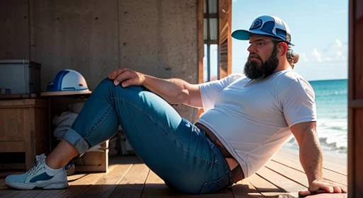 ((Sitting on the floor resting, (Conversando ao celular), Deitado na grama)), He is running on the beach, plump, chubby, extremely thick thighs, large belly, wearing only green swim trunks. He doesn't wear a shirt.muito barbudo. 56 anos.apana 1 umbigo. Barriga detalhada. Segurando vara de pesca. Ele veste colete de pescador. wearing cap. Homem barbudo gordo e sexy de 50 anos,cheio de suor,corpo todo,barriga grande, barba branca, fios brancos,((Wearing a white shirt and blue jeans engineer helmet)),rosto atordoado,Abra as pernas,in the background a building under construction and machines for building construction, vista de baixo, luta livre, uniforme de engenheiro, construtor. Api. detalhado, gesticulando para o expectador fotografia de Corpo completo imagem de corpo inteiro. useing DSLR camrea