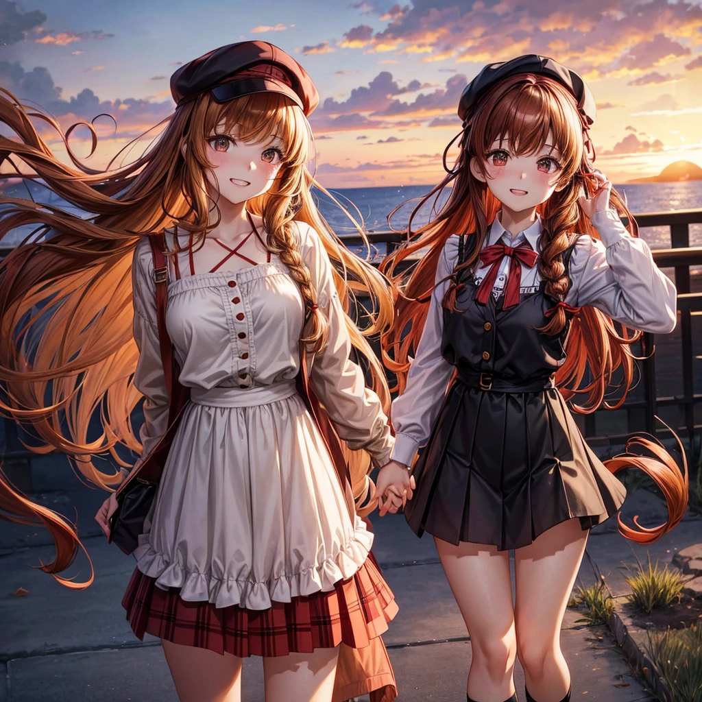 Red, brown, golden hair、Golden Eyes、Braid、One good looking girl、solo、anime、Checkered mini skirt、Ruffles on the skirt、camisole、camisole、Lightweight cardigan、Black knee-high socks、Wearing a baseball cap、Wearing a ribbon、Ribbon on waist、Tilting face、Teeth are visible、Sunset sky、There's a hole in the clouds、Contrail、Cumulonimbus、Silver coin necklace、shine、From above、bell、clock tower、Sparks are flying、High five