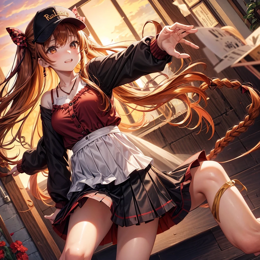 Red, brown, golden hair、Golden Eyes、Braid、One good looking girl、solo、anime、Checkered mini skirt、Ruffles on the skirt、camisole、camisole、Lightweight cardigan、Black knee-high socks、Wearing a baseball cap、Wearing a ribbon、Ribbon on waist、Tilting face、Teeth are visible、Sunset sky、There's a hole in the clouds、Contrail、Cumulonimbus、Silver coin necklace、shine、From above、bell、clock tower、Sparks are flying、High five