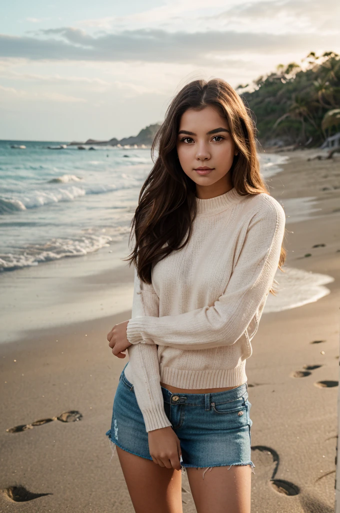 1girl in, age 20, Square face, Long hair, Looking at Viewer, jewelry, Realistic, A sexy, sweater outfits, multicolored outfits, beach background, free pose
