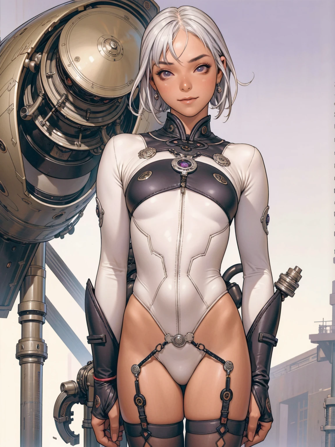 (((devilish smile))), (((lilac suit))), (((white hair bob haircut))), (((1girl))), (((solo))), (((metallic arms))), (((muscles))), (((Colossus))), (((X-man))), (((melhor qualidade: 1.4))), (((full metal))), (((DuneWalker))), (((post-apocalypse))), (Unbeatable masterpiece), (hiper HD),(CG 8k hiper-realista), 1Garota armada em um mundo futurista usando roupas coloridas e modernas. Corte de cabelo ultra moderno, perfect body with robotic parts, seios grandes, bunda perfeita, muscles without exaggeration, rosto lindo com olhos azuis penetrantes, add textures to clothes and create something different from the usual, add accessories like garter belt, espartilho e luvas com listras, pele bronzeada e com brilho de molhado, industrial environment with giant heavy machines, Intricate machinery and giant robot parts
