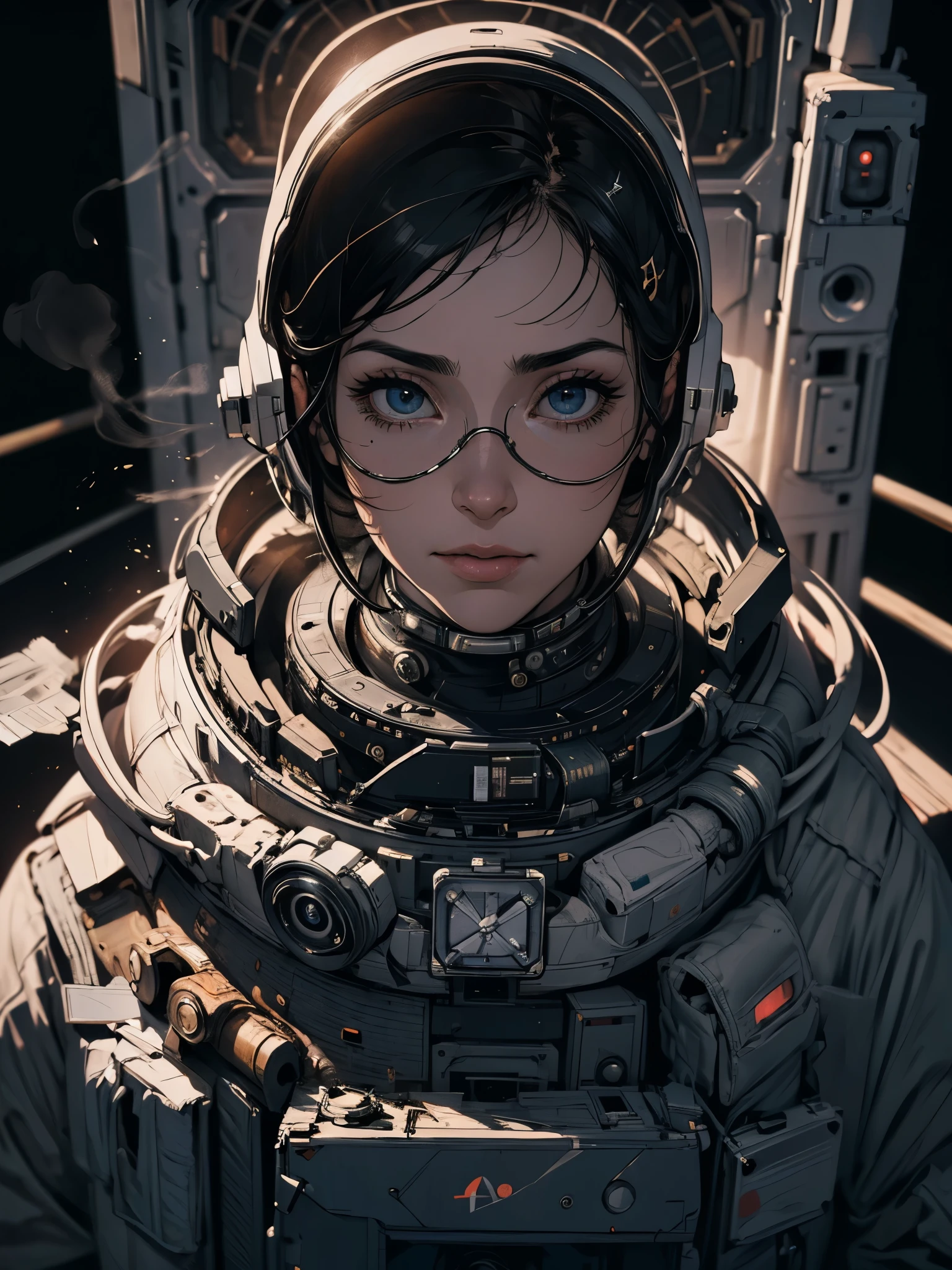 female astronaut j0rd7nj0n3s in space, rosto bonito, foto realista, (retrato), [smoke], [confusion], natural lighting, Profundidade superficial de campo, fotografado em uma Canon EOS-1D X Mark III, Lente de 50 mm, f/2.8, (intrinsecamente detalhado, hiperdetalhado), ((Cor CRU)), sharp focus, HDR, 4k resolution, Cinematic film